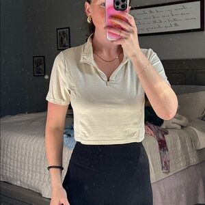 Mono B Cream Zip Polo Crop Top